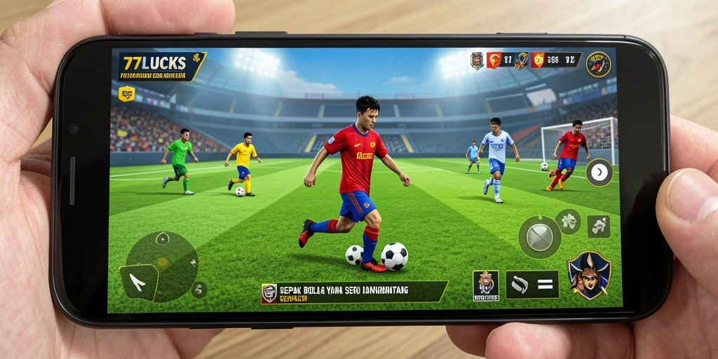 Screenshot dari gameplay <strong>77LUCKS</strong> yang menampilkan aksi sepak bola seru.