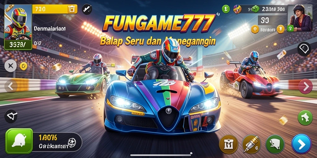 Tampilan gameplay balapan seru di FUNGAME777 dengan mobil yang melaju kencang.
