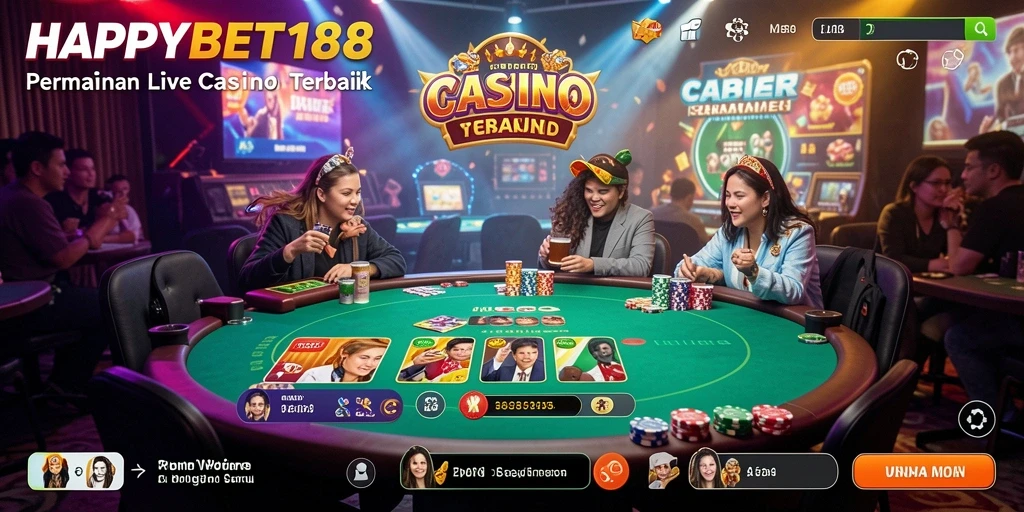 Screenshot utama HAPPYBET188 menunjukkan dealer langsung dalam aksi permainan Live Casino.
