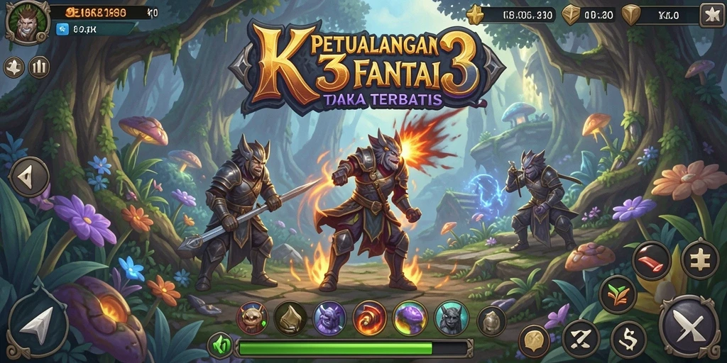 Tangkapan layar gameplay K3K3 yang menunjukkan petualangan di dunia fantasi.