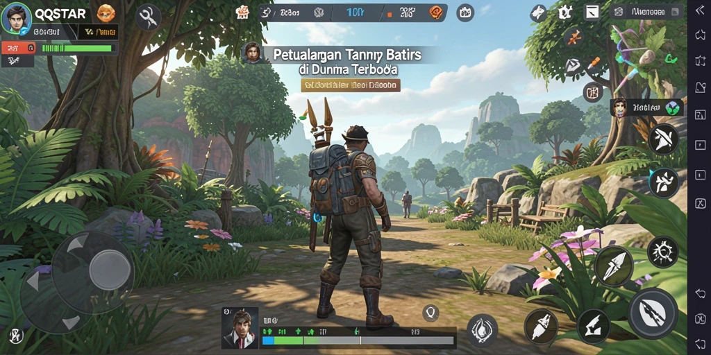 Tangkapan layar <strong>QQSTAR</strong> menampilkan petualangan seru di dunia terbuka.