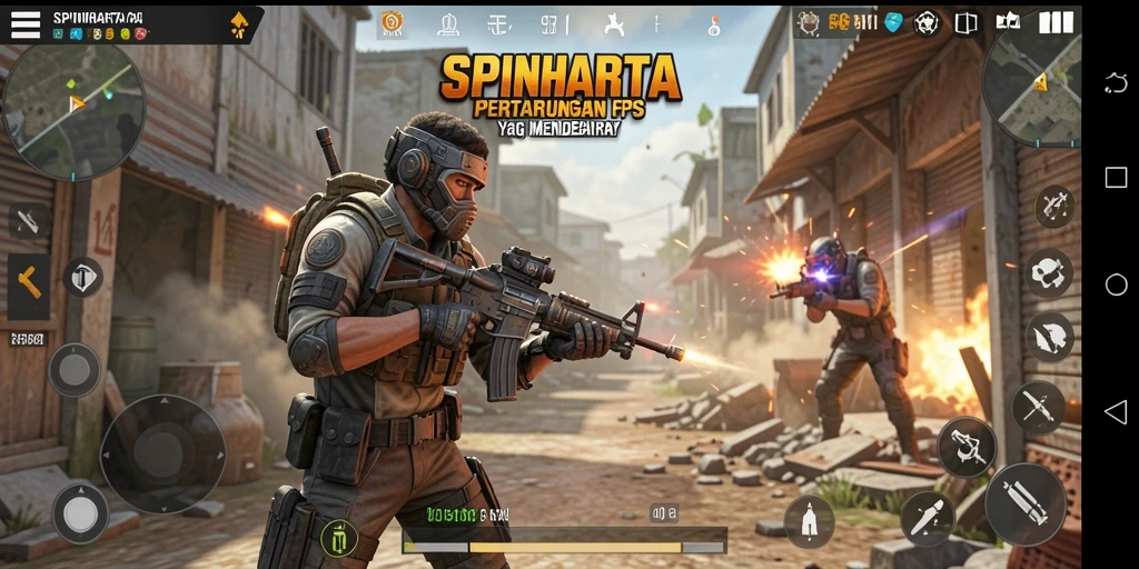Tampilan menegangkan dari gameplay SPINHARTA di arena perang.