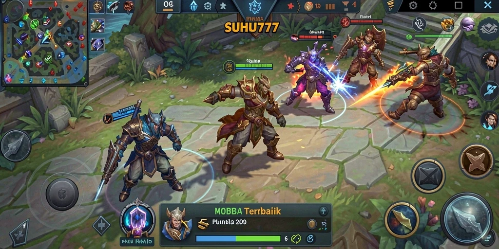 Screenshot gameplay MOBA yang menampilkan karakter bertarung di arena.