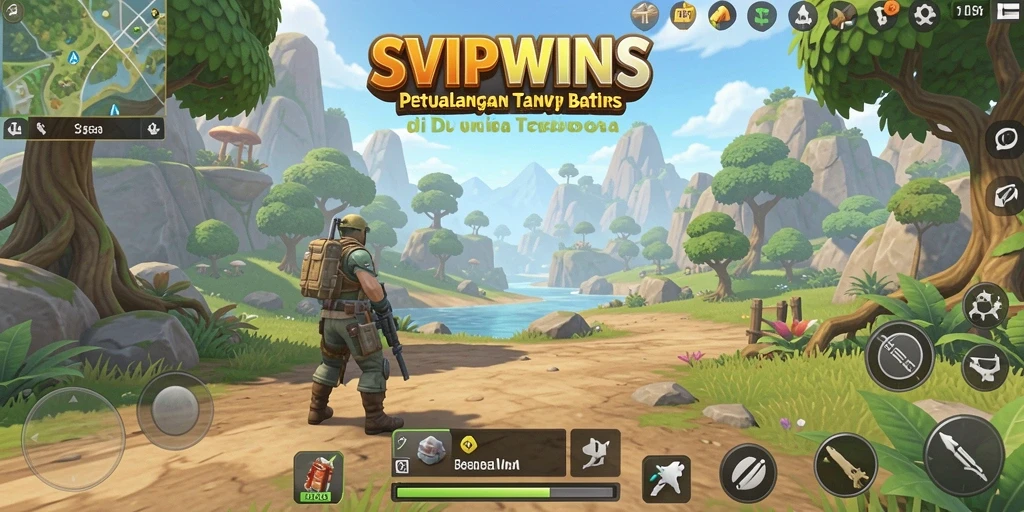 Screenshot SVIPWINS menunjukkan petualangan epik di dunia terbuka.