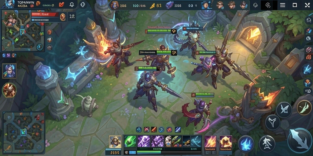 Tangkapan layar gameplay <strong>TOPANWIN</strong> menunjukkan pertarungan seru antara dua tim MOBA.